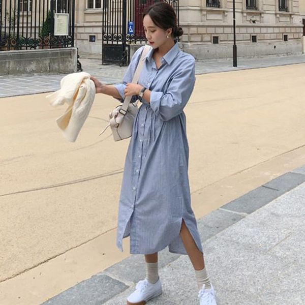 

casual dresses elegant strip dress spring turn-down collar elastic slim waist female midi 2021 chic vestidos loose long, Black;gray