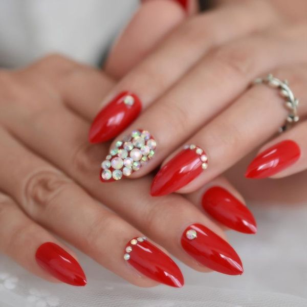 

false nails sharp stiletto medium-short pure red fake diamond rhinestones reuseable pre-design detachable wholesale flase fingernails echiq, Red;gold