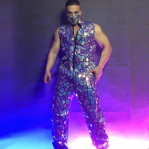 

stage wear bar nightclub men dancer gogo costume club show purple technology future theme mirror sequins jumpsuit performance clothes, Black;red
