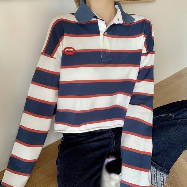 

women's t-shirt autumn women t-shirts fashion clothing lady turndown collar causal strip long sleeve tees for female, White