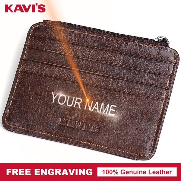 

card holders kavis engraving small genuine leather zipper holder hasp gift men women id wallets case coin purse slim thin mini, Brown;gray
