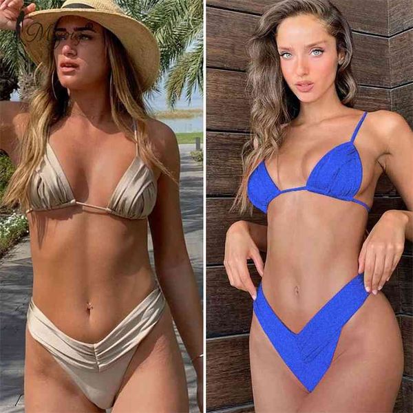 Miyouj est Bikini sexy Femminili con micro pieghe Costumi da bagno Donna Bikini con taglio alto Costume da bagno con stringhe per costume da bagno bianco 210630