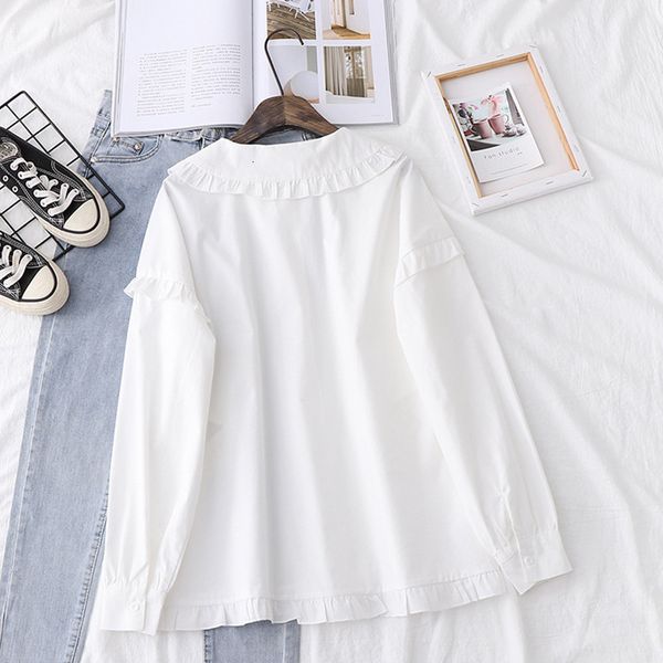 

2021 new white shirts women lace blouses 100% cotton lady long sleeve peter pan collar loose girls clothes female clothing hnys