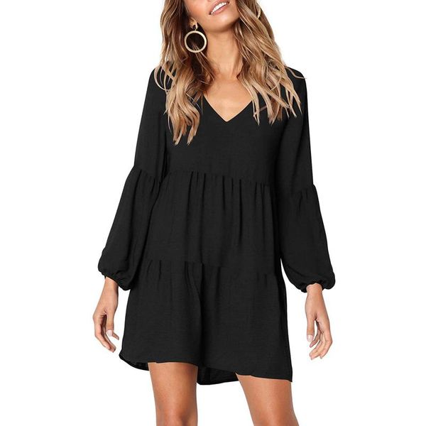 

casual dresses women solid dress deep v-neck lantern long sleeve short flowy loose elegant summer mini kleider damen #py, Black;gray