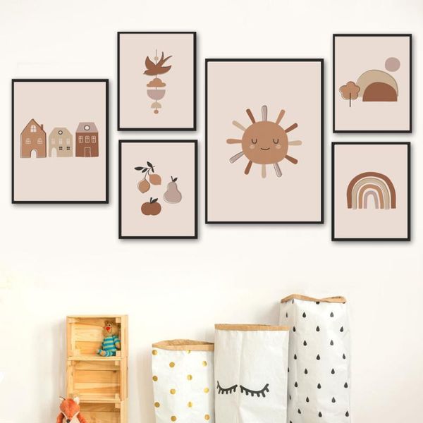 

paintings sun rainbow fruit house bird tree wall art canvas painting nordic posters and prints pictures baby kids room nursery decor