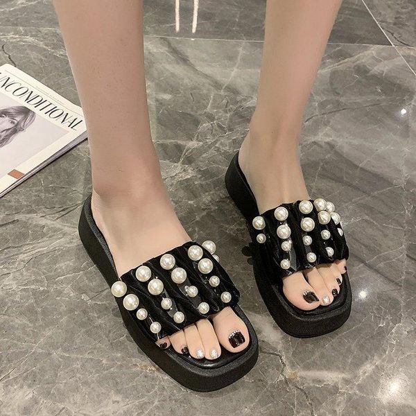 

slippers women's wedge 2021 summer fashion outdoor fairy style pearl flip-flops platform sandals, Black