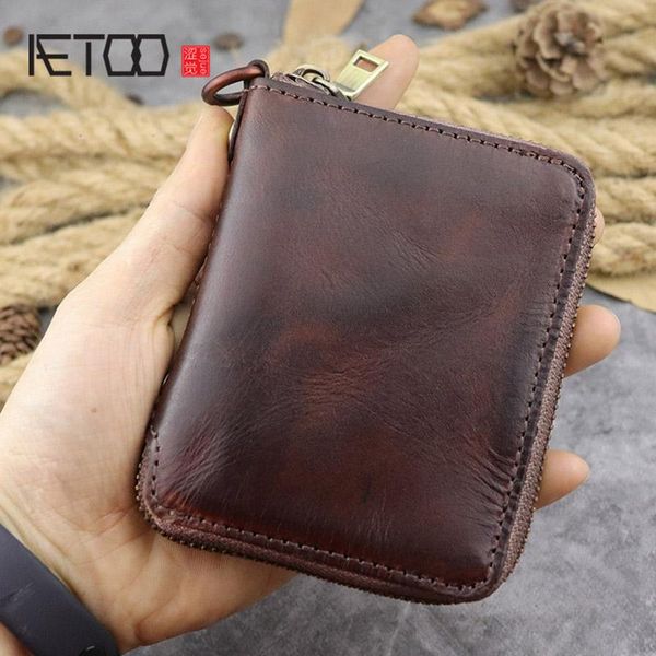 

wallets aetoo men's leather handmade wallet, first layer cowhide retro coin purse, zipper short vegetable tanned wallet, Red;black
