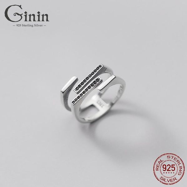 

cluster rings ginin 925 sterling silver ring for women man simple line black zircon geometric fashion double layer 2021 trend finger jewelry, Golden;silver