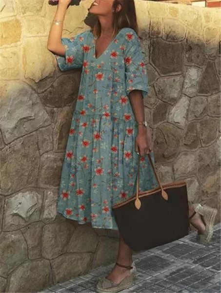 

long floral print loose women dress ruffle bodycon autumn short sleeve v neck party vestidos, Black;gray