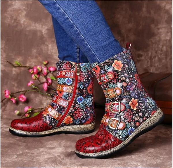 

boots women's ethnic style flat bottom belt buckle round toe short fashion comfortable trend selling, Black