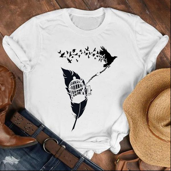 

women lady cartoon feather bird printing summer fall shirt clothes tshirt tee womens female print t graphic t shirt, White