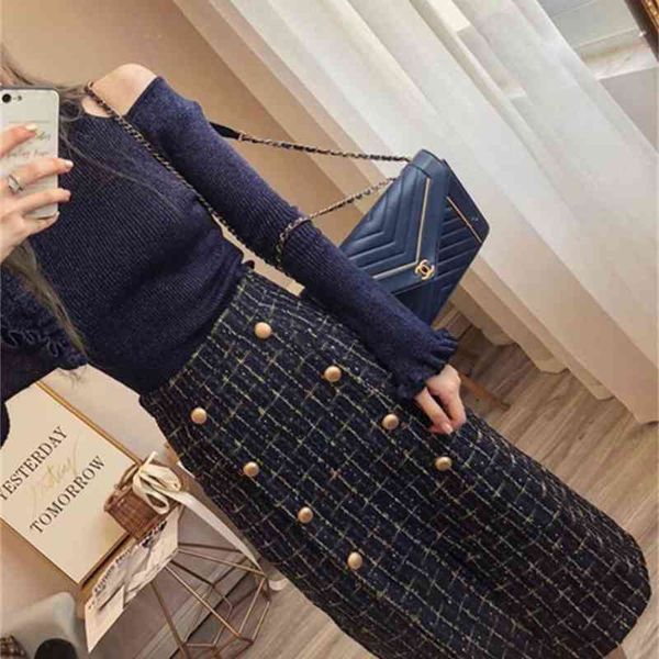 

two piece dress senior designer women's wide sleeved knitted sweater, two-piece double button tweed skirt, autumn and winter, 2021, White