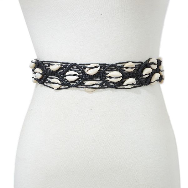 

national style colorful shell woven belt elegant leisure wax rope handmade beaded thin waist rope women's belt, Black;brown