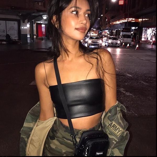 

casual pu leather soild camisole femme slash neck ladies streetwear crop chic ring straps bodycon skinny camis summer, White
