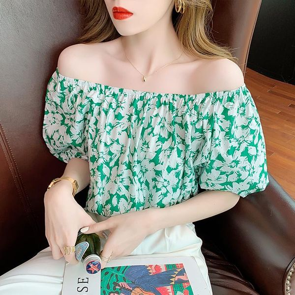 

women's blouses & shirts 2021 summer design mesh short puff sleeve elastic loose one shoulder noble lady dating office shirt woman, White