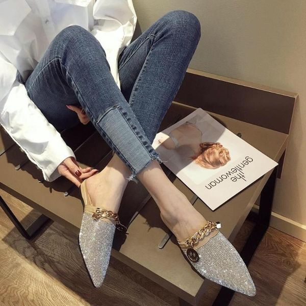 

slippers women summer pointed toe half female wear fashion rhinestone lazy flats sandals casual metal chain slides, Black