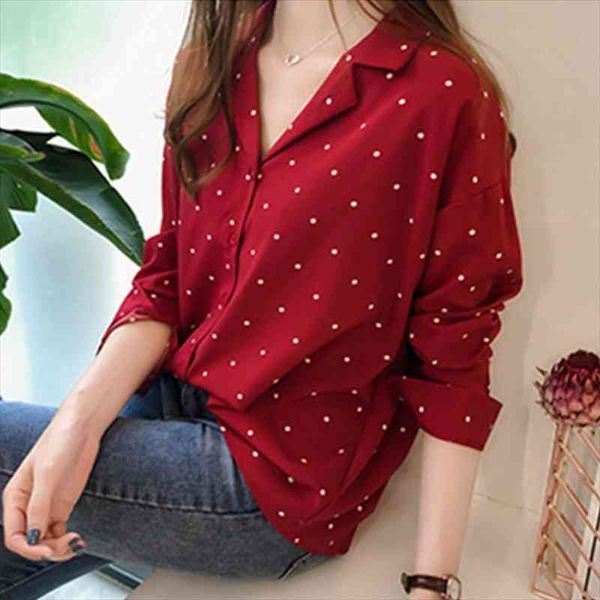 

Casual Chiffon Polka Dots Shirt Women Top Casual V-neck Long Sleeves Blouses, White