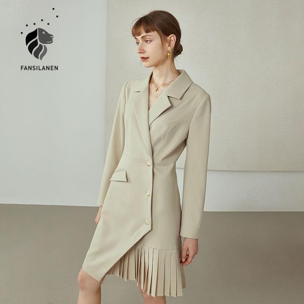 

casual dresses fansilanen for women solid color irregular suit dress long sleeve 2021 autumn temperament professional skirt vintage, Black;gray