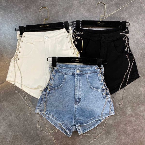 

fabpop summer design high waist side metal chain bandage denim wide leg shorts women short jeans streetwear gb392 210709, White;black