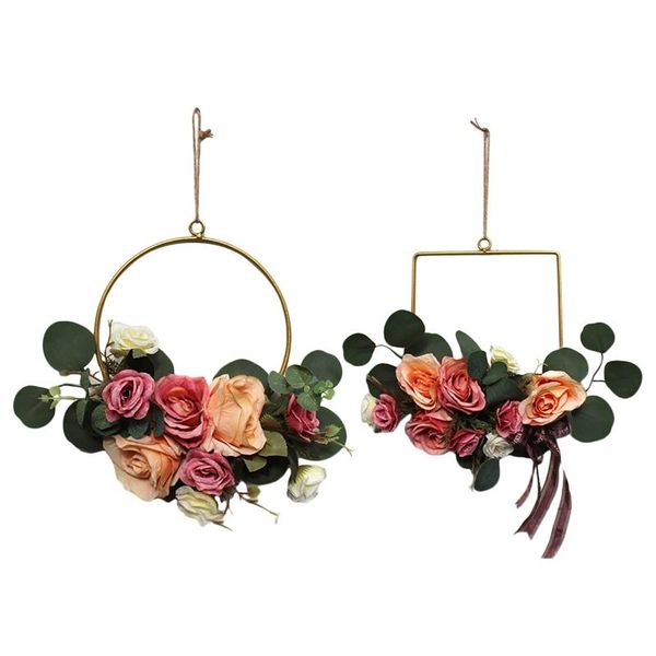 

floral hoop wreath artificial rose flower and green leaf hanging hoop wreath for front door wedding home decor