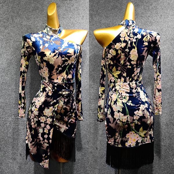 

latin dance performance dress dancing clothes women autumn winter velvet tassel skirt competition dancewear rumba costume db1239, Black;red