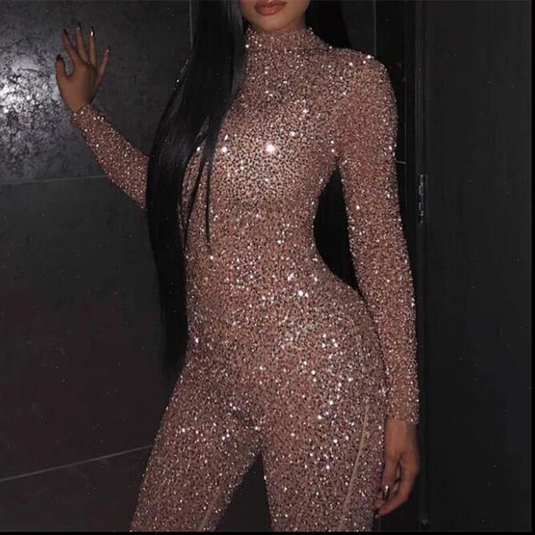 

2021 womens new style skinny jumpsuit long sleeve bronzing sequins glitter solid color round collar ladies party rompers, Black;white