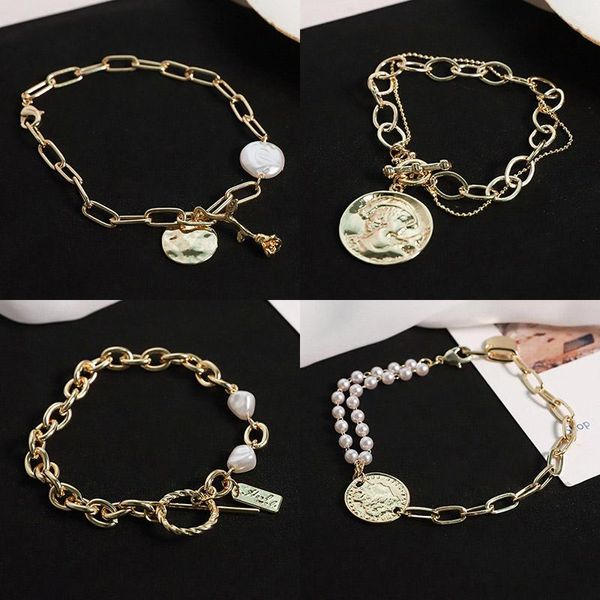 

charm bracelets 1pc arrival metal link chain women heart adjustable alloy golden irregular imitation pearls bracelet jewelry gifts, Golden;silver