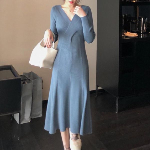

casual dresses limiguyue korean chic slim waist elegant v-neck knitted dress women sweater single-breasted a-line vestidos k2961, Black;gray