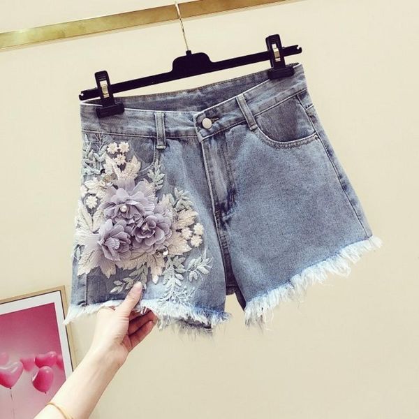 

women's jeans flower shorts woman 2021 spring and summer korean-style beads embroidery flowers high-waisted denim short, Blue
