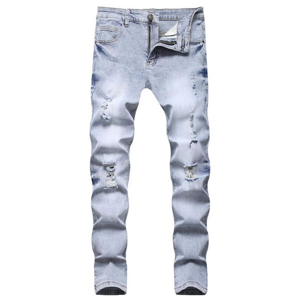 

men's jeans ordinary cotton youth blue straight-leg pants mid-rise casual trousers north american wind stretch ripped hip hop