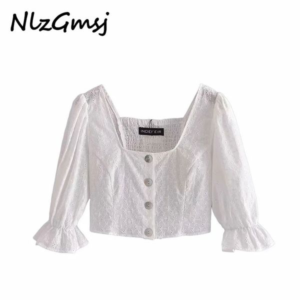 

women blouse square neck long sleeve lace crochet shirt crop summer high street 04 210628, White