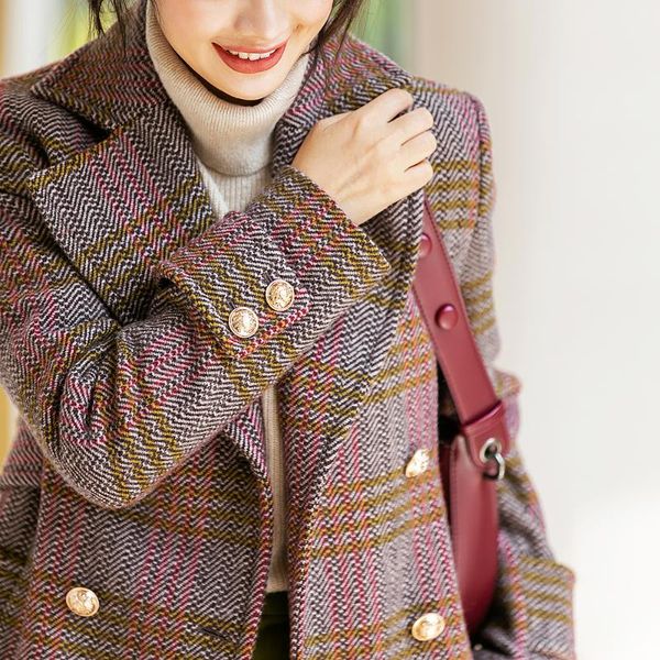 

women's wool & blends fall winter 2021 vintage double breasted slim long plaid coat women, Black