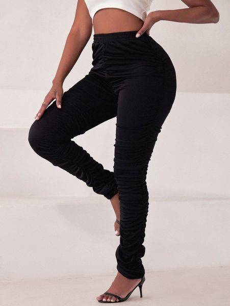 

sxy high waist solid stacked pants 99ls#, Black;white