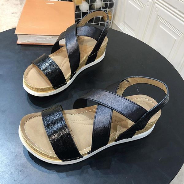 

dress shoes women classic elastic band ladies flat sandals glitter leather woman summer sewing rome open toe female 2021#g411, Black