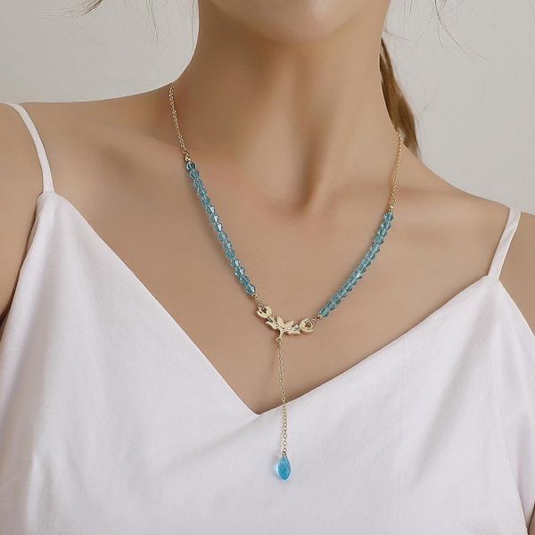 Bohemia Blue Glass Beads Colares de Cristal Long Golden Chain Borla Gota Pingente Colar Mulheres Presentes Jóias J0312