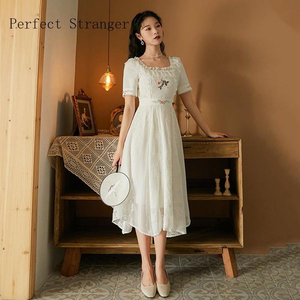 

casual dresses 2021 summer arrival retro square collar flower embroidery short sleeve women lace cotton long dress white, Black;gray