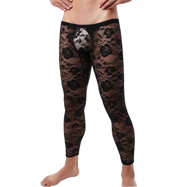 

mens transparent skinny low waist rose flower hollow mesh pants nightclub party stretch slim trousers man lace pants, Black