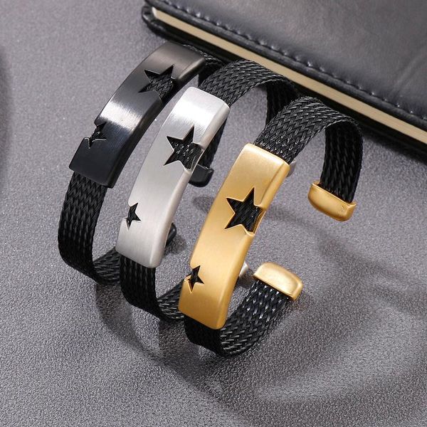 

bangle simple personality stainless steel wire chain open star logo id bracelet for mens 10mm*65mm inner silver/ gold/ black