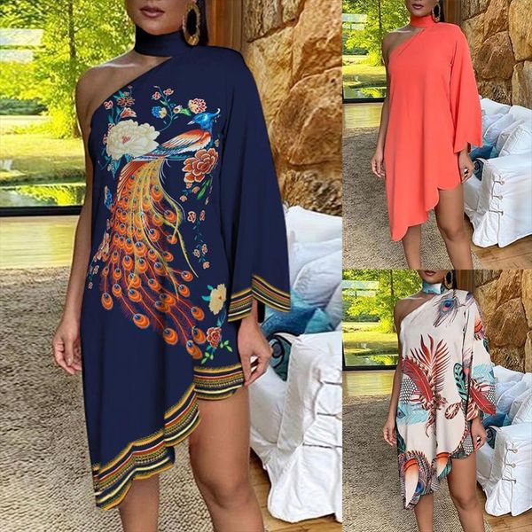 

sales fashion choker peacock print womens dresses one shoulder irregular ruffled hem dress, Black;gray