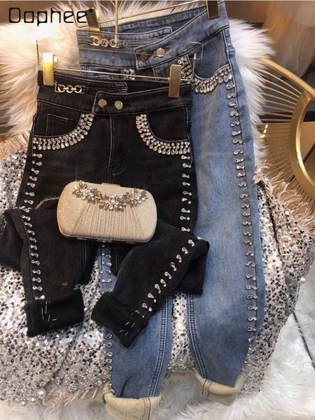 

women's jeans 2021 autumn winter rhinestone pants fashion slim high waist plus velvet pencil denim, Blue