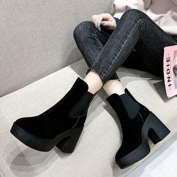 

boots black warm plush winter botas mujer platform thick high heels ladies shoes drop women's round toe slip on ankle