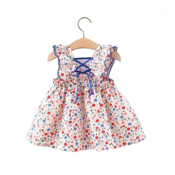 

children's clothing summer 2021 sling girls sleeveless elastic waist printed dress baby lace princess sets, White