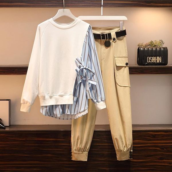 

plus size women casual streetwear two piece suit spring 2021 new striped patchwork shirt and pants suit matching sets big, White