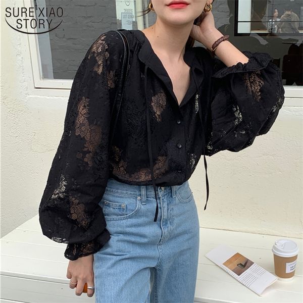 

2021 women blouse with lace lantern long sleeve transparent blouse loose cardigan lace shirt spring black lace 10202 210302, White