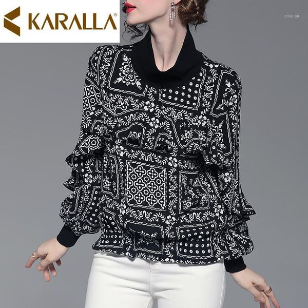 

women's blouses & shirts elegant ruffles design women slim blouse print turtleneck long sleeve chiffon c635, White