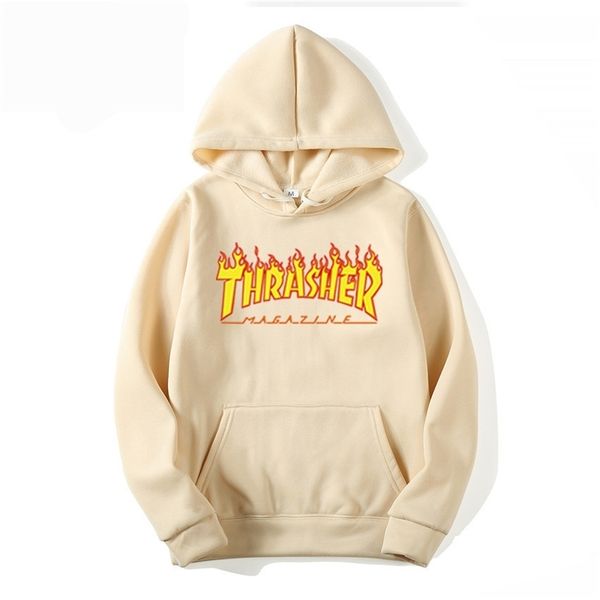 

thrasher printed plush couple hooded slim men's solid color sweater, Black