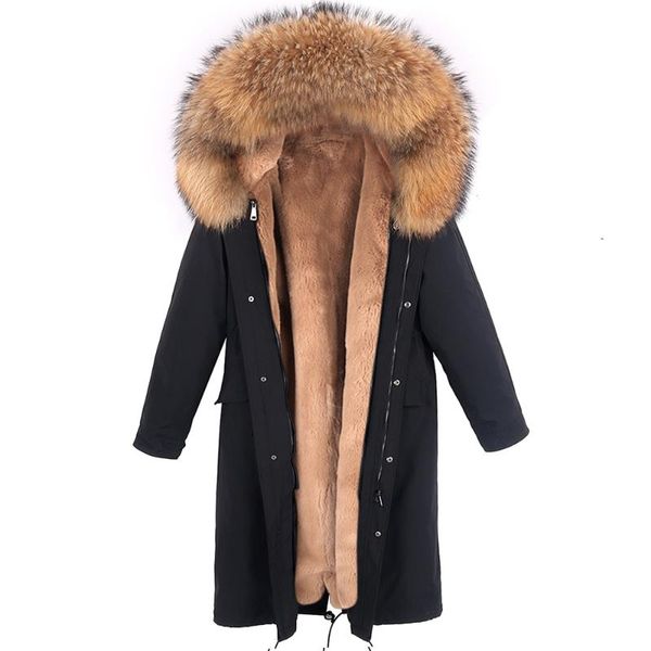 

women's fur & faux x-long parka waterproof liner women 2021 natural raccoon hood real coat detachable streetwear, Black