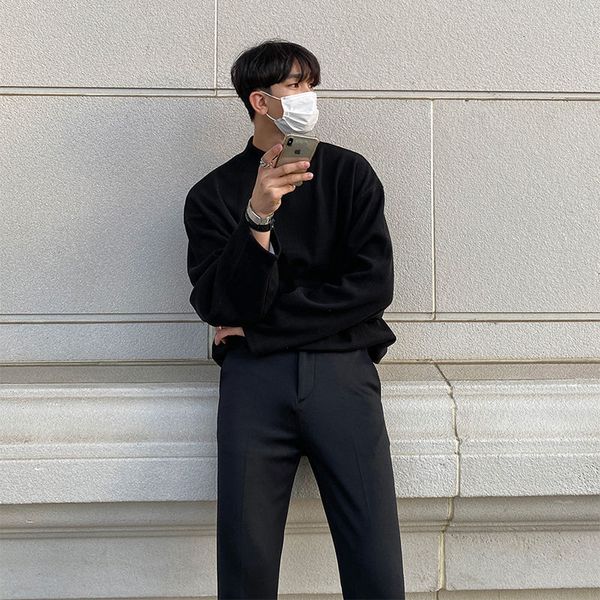 

2021 stand-up collar t shirt men's fashion solid color casual cotton t-shirt men long-sleeved tshirt mens n5ji, White;black