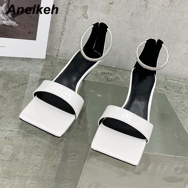 

sandals aneikeh 2021 ladies shoes women's thin heels open dress bling pu ankle-wrap zip cover concise polka dot retro white, Black