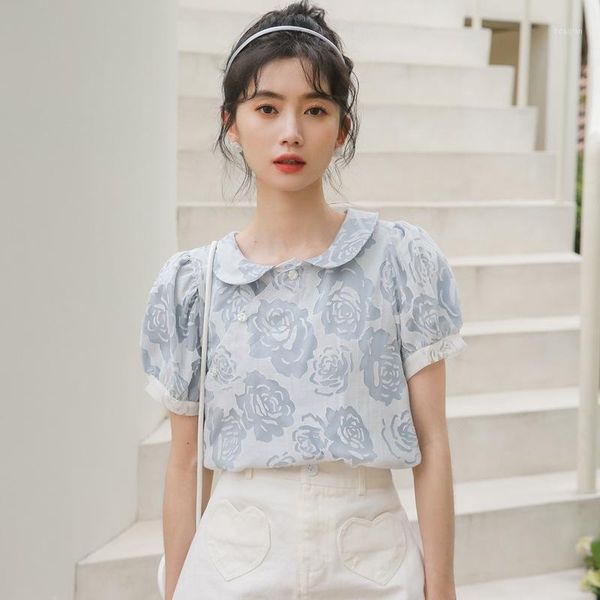

women's blouses & shirts sweet cute floral print women 2021 fresh puff sleeve temperament business chic female fashion casual slim, White